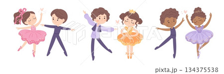 Cartoon dance kids couples. Young ballet dancers characters, cute boys and girls in stage costumes, classical choreographic poses, childish performance, garish vector isolated set Cartoon dance kids couples. Young ballet dancers characters, cute boys and girls in stage costumes, classical choreographic poses, childish performance, garish vector isolated set 134375538