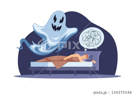 Disturbing sleep. Man is tormented by nightmares with ghost, spooky monsters in dreams, mental health, terrified bedtime, phobia and insomnia cartoon flat style isolated vector concept 134375548