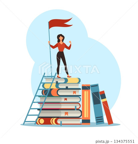 Educational achievements. Strong woman with flag on top from books, knowledge and personal growth, motivation and inspiration, smart leadership cartoon flat style isolated vector concept 134375551