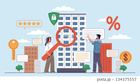 House purchase. Search for own accommodation, viewing and choosing houses and apartments, real estate, mortgage payment, buying property process, nowaday vector cartoon isolated concept 134375557