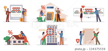 Mortgage credit scenes. People purchase real estate, calculating percentages, own housing, rent apartment or house, debt payments, realtors deal, nowaday vector cartoon flat concept set Mortgage credit scenes. People purchase real estate, calculating percentages, own housing, rent apartment or house, debt payments, realtors deal, nowaday vector cartoon flat concept set 134375559