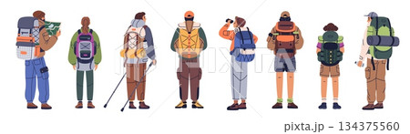 People with backpacks backs. Tourists look into distance, active travelers with equipment, backpackers characters, hiking bags, adventure journey trip person garish vector cartoon flat set People with backpacks backs. Tourists look into distance, active travelers with equipment, backpackers characters, hiking bags, adventure journey trip person garish vector cartoon flat set 134375560