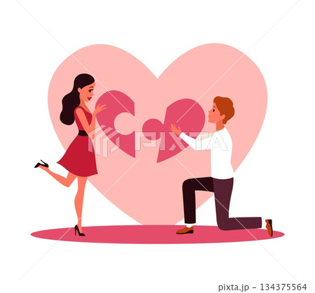 Romantic couple in love. Happy people assemble heart from puzzle pieces, valentine day celebration, wedding symbol cartoon flat isolated illustration vector characters relationship concept 134375564