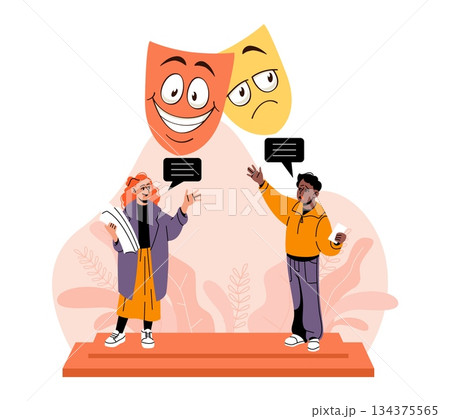 Theatral repetition. Actors learn dialogue text for the roles, tragicomedy performance on stage, comedy and tragedy masks, dramatic expression cartoon flat style isolated vector concept 134375565