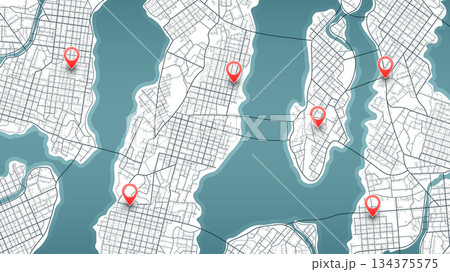 Huge scheme of city with poi. Abstract navigation plan of urban area. Generic city map with signs of streets, roads, house. Colored flat, editable vector illustration 134375575