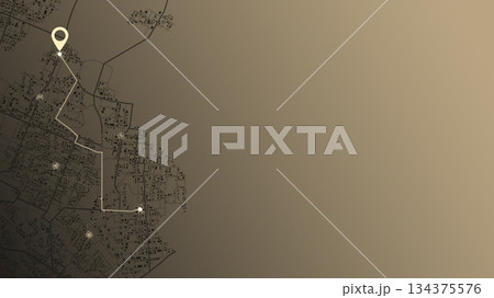 Brown gradient city layout showing itinerary path and checkpoints. 134375576
