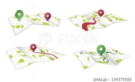 Set of 4 paper city layouts with location pins and routes. Paper effect with parks, areas, location icons. 3D perspective vector illustration 134375583