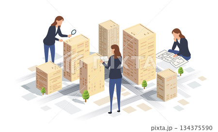 Female Architects and Realtors Working in an Isometric City. Real estate search and property analysis on city map. Concept of construction, investment. Isometric Vector illustration 134375590
