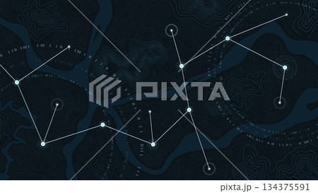 Connected urban network map with abstract city layout and linked nodes showing pathways. Vector illustration. 134375591
