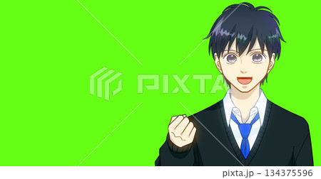 笑顔でガッツポーズをする高校生または中学生の男の子のアニメ風イラスト、シンプルカラー背景 134375596