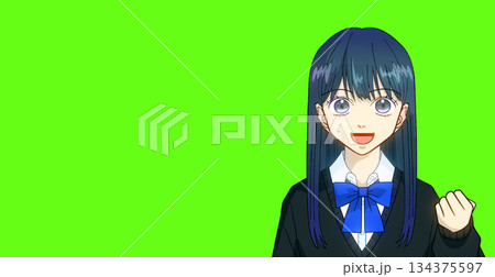 笑顔でガッツポーズをする高校生または中学生の女の子のアニメ風イラスト、シンプルカラー背景 134375597