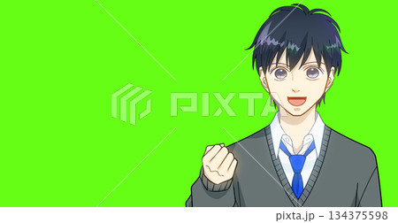 笑顔でガッツポーズをする高校生または中学生の男の子のアニメ風イラスト、シンプルカラー背景 134375598