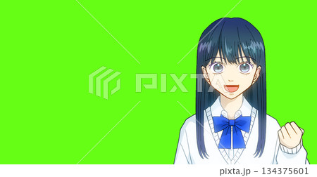 笑顔でガッツポーズをする高校生または中学生の女の子のアニメ風イラスト、シンプルカラー背景 笑顔でガッツポーズをする高校生または中学生の女の子のアニメ風イラスト、シンプルカラー背景 134375601