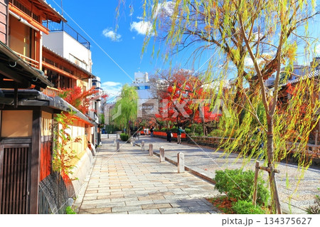【京都府】快晴の祇園白川と紅葉 134375627