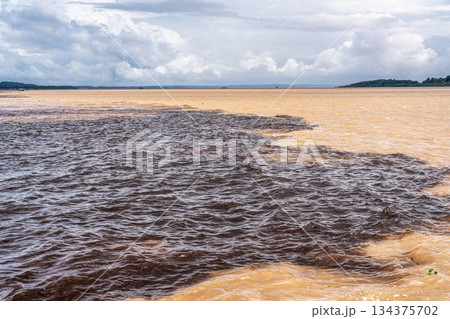 Meeting of the waters of the Negro and Solimoes rivers in the city of Manaus in Amazonia, Brazil Meeting of the waters of the Negro and Solimoes rivers in the city of Manaus in Amazonia, Brazil 134375702