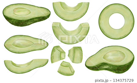 A hand-drawn watercolor avocado set slices and pieces, whole and halves. Perfect for stores, cafes, packaging, menus, logos, and projects related to healthy eating and cosmetics. 134375729