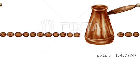 Hand-painted watercolor seamless border with a classic copper Turk (cezve) and a line of coffee beans. Suitable for traditional cafes, menu, packaging, and store decor 134375747