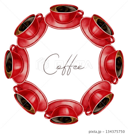 Hand-painted watercolor wreath of coffee cups, ideal for cafe branding, store displays, menu templates, and coffee packaging. 134375750