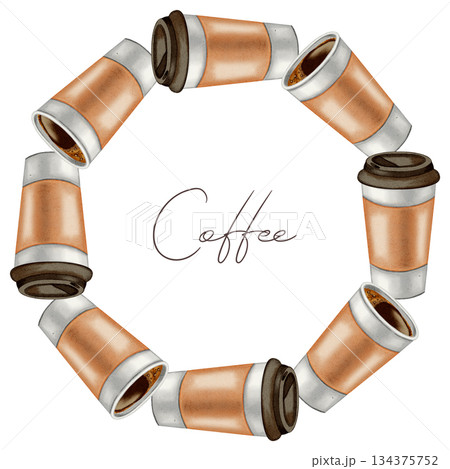 Hand-painted watercolor wreath of take-away coffee cups with splashes, perfect for coffee shop, cafe, store marketing, and modern packaging design. Hand-painted watercolor wreath of take-away coffee cups with splashes, perfect for coffee shop, cafe, store marketing, and modern packaging design. 134375752