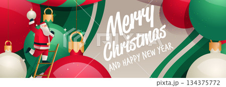 Santa Christmas New Year 2026 festive celebration Santa decorating ornaments ladder colorful baubles green red background holiday banner 134375772