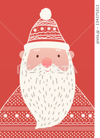 Santa Christmas character festive red background cute bearded face patterned hat winter holiday minimal flat style 134375813