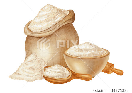 Watercolor set of baking essentials: flour in a sack, scoop, and bowl, along with a wooden rolling pin. Ideal for bakery menus, recipe content, and culinary product packaging. 134375822