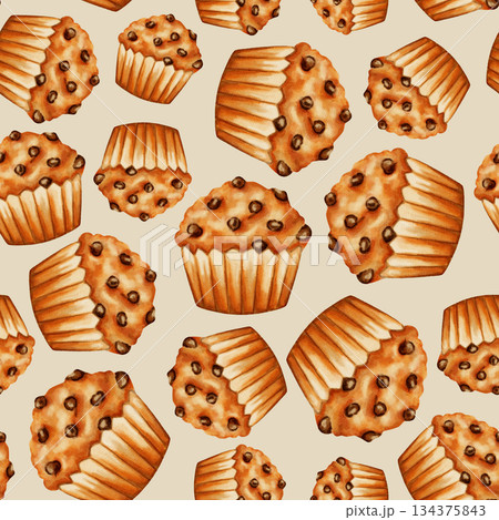 A watercolor seamless pattern featuring hand-drawn chocolate chip cupcakes. Perfect for bakeries, cafes, packaging, menu design, store branding, cookbooks, and recipes. A watercolor seamless pattern featuring hand-drawn chocolate chip cupcakes. Perfect for bakeries, cafes, packaging, menu design, store branding, cookbooks, and recipes. 134375843