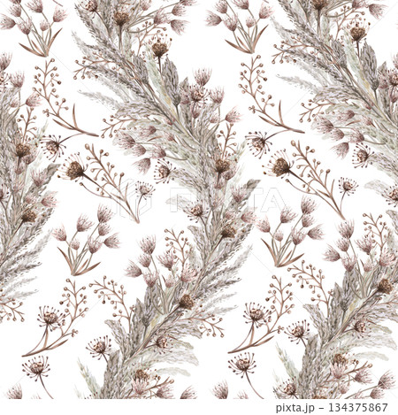 A seamless pattern with dried steppe grasses and flowers arranged in a vertical wave. Watercolor illustration for eco-projects, posters, hotel designs, and nature reserve websites. A seamless pattern with dried steppe grasses and flowers arranged in a vertical wave. Watercolor illustration for eco-projects, posters, hotel designs, and nature reserve websites. 134375867