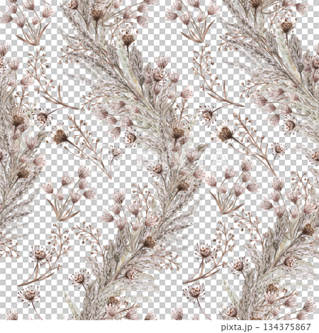 A seamless pattern with dried steppe grasses and flowers arranged in a vertical wave. Watercolor illustration for eco-projects, posters, hotel designs, and nature reserve websites. A seamless pattern with dried steppe grasses and flowers arranged in a vertical wave. Watercolor illustration for eco-projects, posters, hotel designs, and nature reserve websites. 134375867