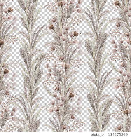 A seamless pattern with vertical rows of dried herbs and flowers. Watercolor illustration for eco-projects, posters, hotel design, and nature reserve websites. 134375869