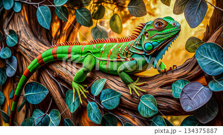 Vibrant green iguana perched in a lush tree. Green iguana rests on a branch amidst a dense, tropical landscape. Vibrant green iguana perched in a lush tree. Green iguana rests on a branch amidst a dense, tropical landscape. 134375887