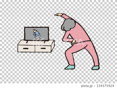 テレビを見ながら体操をするシニア女性 134375924