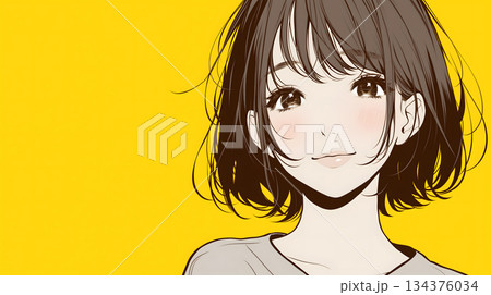 軽く微笑むスタイリッシュな若い女性のイラスト、黄色背景(生成AI画像) 軽く微笑むスタイリッシュな若い女性のイラスト、黄色背景(生成AI画像) 134376034