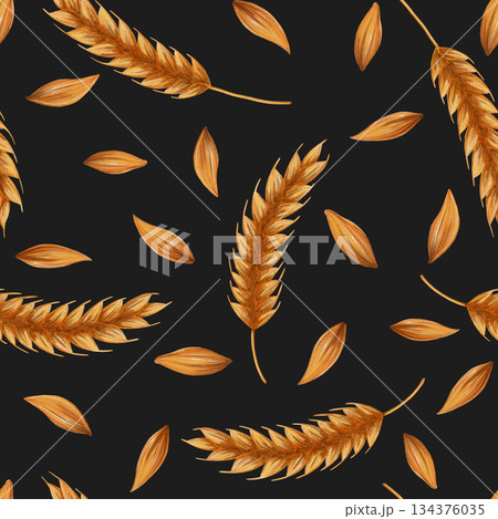 A seamless watercolor pattern with wheat and grains. Perfect for bakeries, cafes, packaging, menus, and farm branding. Hand-drawn in a rustic style, perfect for food and farming themes. Harvest 134376035