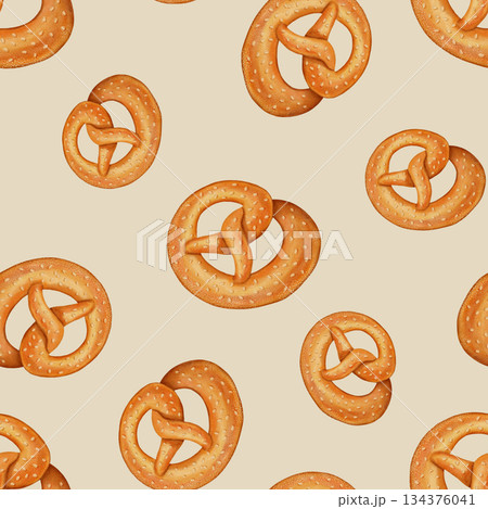 Watercolor seamless pattern featuring hand-drawn pretzels. Perfect for bakeries, cafes, packaging design, store menus and branding, textiles, cookbooks, and recipes. Watercolor seamless pattern featuring hand-drawn pretzels. Perfect for bakeries, cafes, packaging design, store menus and branding, textiles, cookbooks, and recipes. 134376041