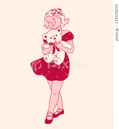 A coquettecore aesthetic illustration of a girl hugging a sweet teddy bear in a pink tone color palette. A flirty clipart or sticker concept perfect for girly designs. 134376059