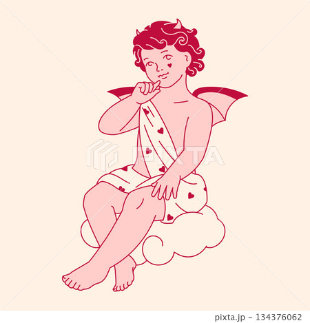 An coquettecore with edge style illustration of a devilish Valentine angel sitting on a cloud. An isolated graphic element blending cute and demonic themes for unique wedding or vintage love projects 134376062