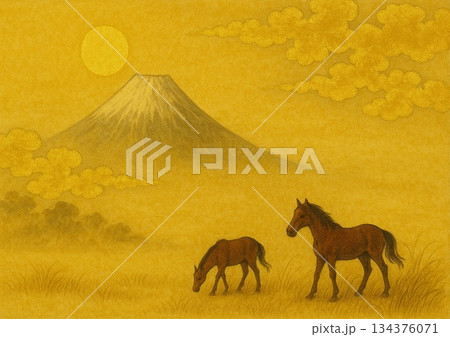 富士の初日の出と馬 134376071