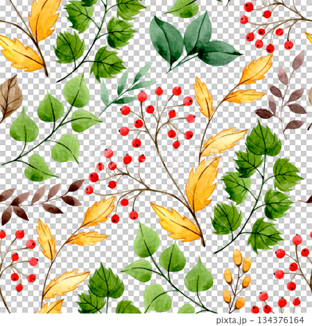 Watercolor seamless autumn pattern with red rowan berries and yellow leaves. 134376164
