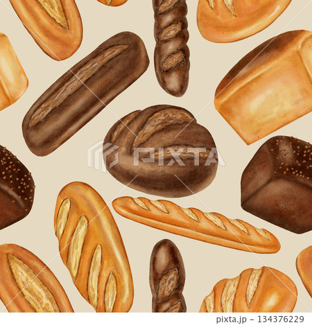 Watercolor seamless pattern with different loaves of bread. White and dark bread. Perfect for bakeries, coffee shops, menu design, packaging, store branding, backgrounds, cookbooks, and recipes. 134376229