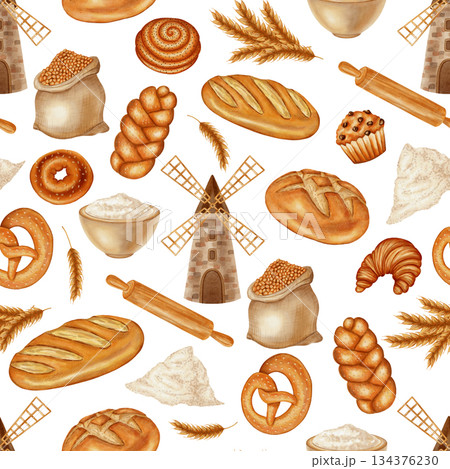 Watercolor seamless pattern with bread, pastries, flour, and a mill. Perfect for bakeries, cafes, packaging, branding, menu design, cookbooks, and recipes. Harvest. Bakery products. 134376230