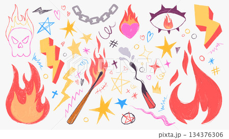 Grunge doodle flame fire vector icon set 134376306