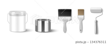 Paint bucket mockup set with roller and brushes 134376311