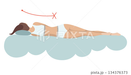 Incorrect sleeping body posture. Not healthy sleeping position spine in various mattresses and pillow. Caring for health of back, neck. Vector illustration 134376373