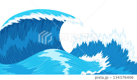 Ocean waves, splash water, marine sea storm element. Blue sea or ocean wave with spray, foam on crest. Vector illustration 134376406