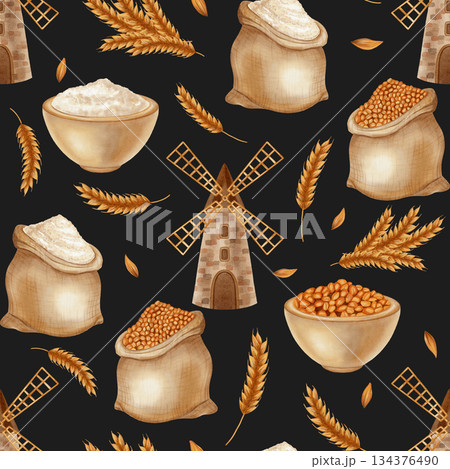 A seamless watercolor pattern featuring a mill, sacks of flour, grain, and wheat. Agriculture. Harvest. Food. Perfect for bakeries, cafes, menus, packaging, and farm branding. 134376490