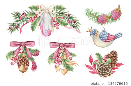 Set of Christmas arrangement with ballet flats and evergreen branches in hand painted watercolor. Pink red and green create a bright festive mood. Ideal for holiday template and greeting card design. Set of Christmas arrangement with ballet flats and evergreen branches in hand painted watercolor. Pink red and green create a bright festive mood. Ideal for holiday template and greeting card design. 134376616