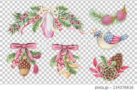 Set of Christmas arrangement with ballet flats and evergreen branches in hand painted watercolor. Pink red and green create a bright festive mood. Ideal for holiday template and greeting card design. Set of Christmas arrangement with ballet flats and evergreen branches in hand painted watercolor. Pink red and green create a bright festive mood. Ideal for holiday template and greeting card design. 134376616