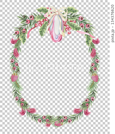 Christmas wreath of ballet flats bauble and yew branches in the oval shape. Hand painted watercolor. Pink and green create a dreamlike winter look. Perfect for festive frame template and card design. 134376620