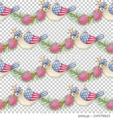 Cute bird Christmas tree ornaments seamless pattern. Hand drawn watercolor spruce branch on white background creates a winter mood. Perfect for traditional textile design. Great for wrapping paper. 134376625